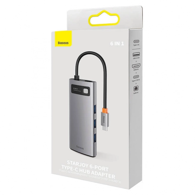 Rozbočovač 6v1 Baseus řady StarJoy, USB-C na 3x USB 3.0 + HDMI + USB-C PD + RJ45