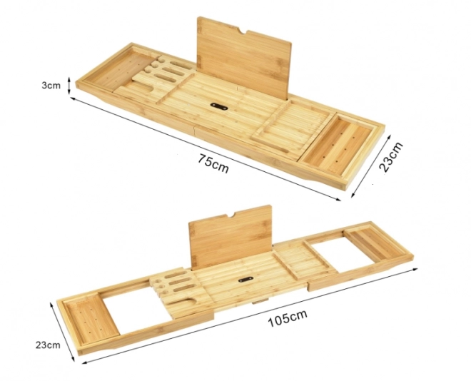 Bambusový podnos do vany s držákem na sklenice na víno a místem na notebook/ Koupelnová polička do vany - skládací