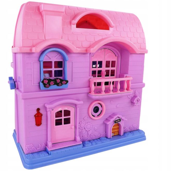 Plastový fialový domeček pro panenky s příslušenstvím a zvonkem