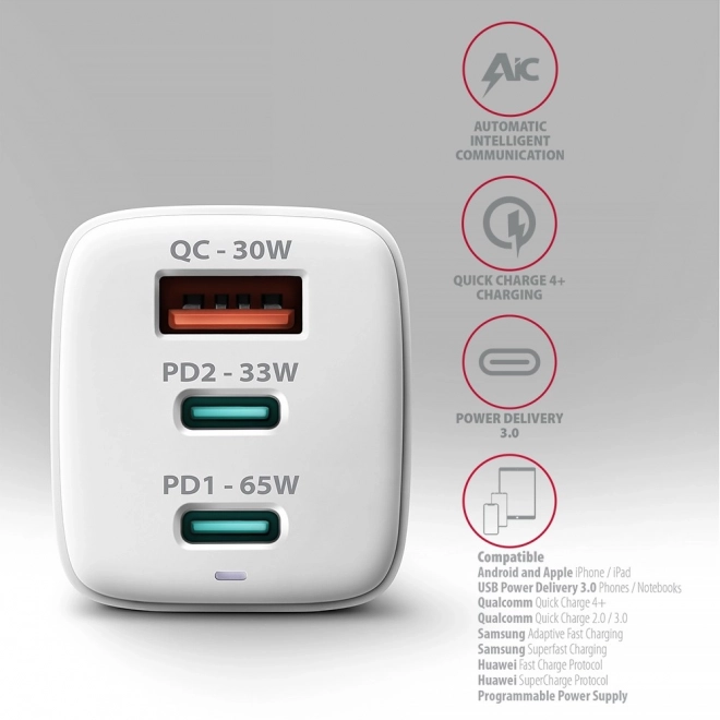 ACU-DPQ65W GaN 65W síťová nabíječka, 3x port (USB-A + duální USB-C) PD3.0/QC4+/PPS/Apple, bílá