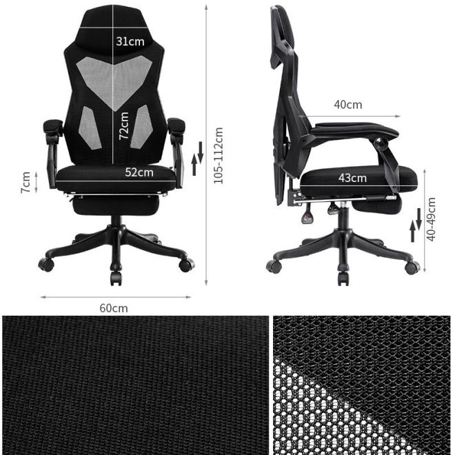 Ergonomická otočná kancelářská židle, židle s opěrkou hlavy a nohou - bílá