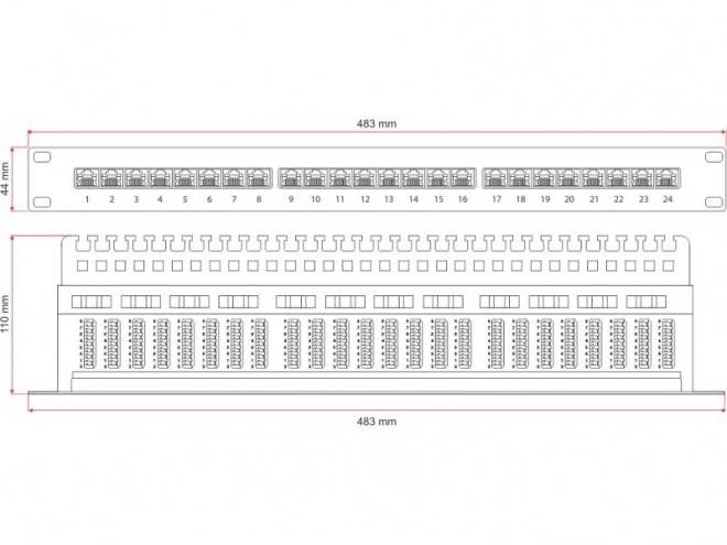 Patch panel UTP cat.5e 24 portů LSA s policí 1U