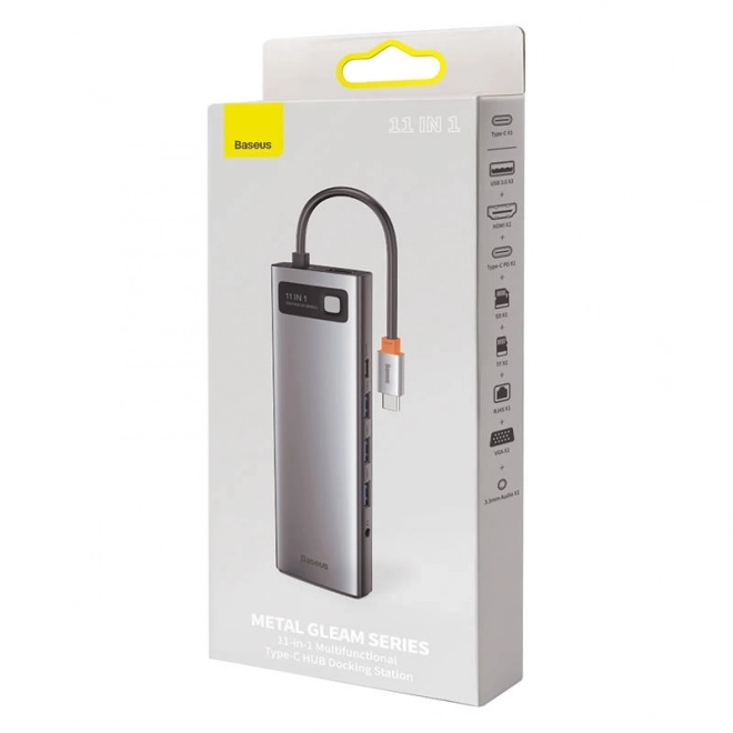 Rozbočovač 11v1 Baseus Metal Gleam Series, USB-C na 3x USB 3.0 + 2x HDMI + USB-C PD + Ethernet RJ45 + microSD/SD + VGA + AUX