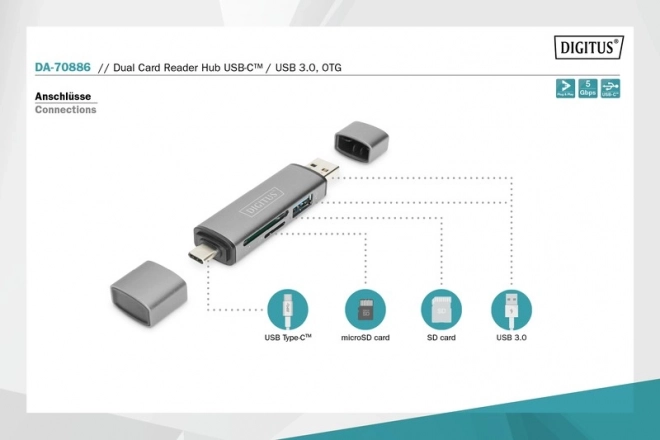 Čtečka paměťových karet 3 porty USB typu C/ USB 3.0 SuperSpeed SD Micro SD HQ hliníková šedá