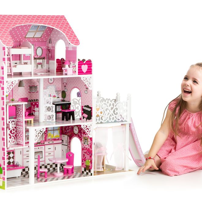 Dřevěný domeček pro panenky s výtahem xxl a skluzavkou ECOTOYS