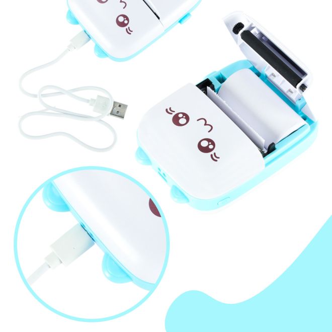 Mini termotiskárna štítků + USB kabel modrá kočka