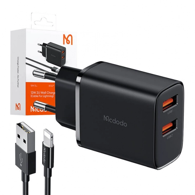 Mcdodo CH-5071 USB-A*2, 12W síťová nabíječka + kabel USB-A na lightning (černý)