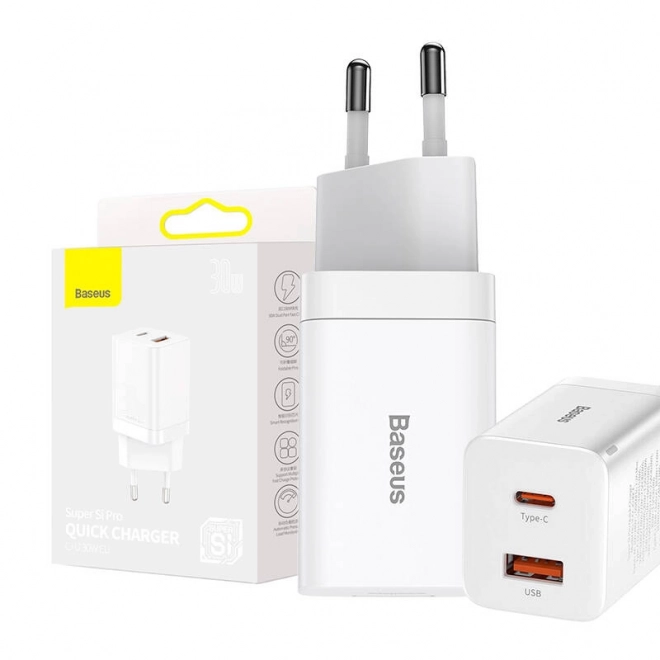 Rychlonabíječka Baseus Super Si Pro USB + USB-C 30 W (bílá)