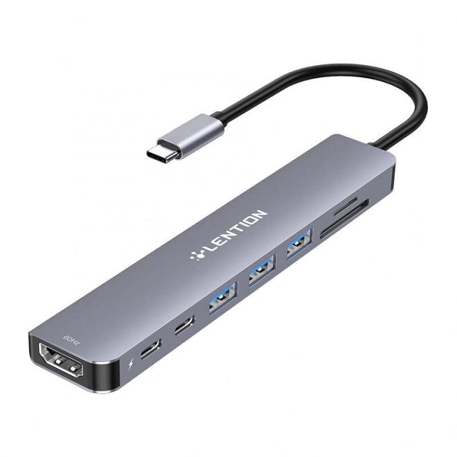 Rozbočovač Lention 8v1 USB-C na 3x USB 3.0 + SD/TF + PD + USB-C + HDMI 4K60Hz (šedý)