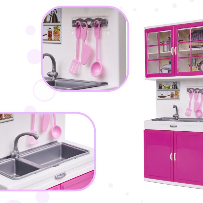 Velká růžová kuchyňka s lednicí a příslušenstvím pro panenky