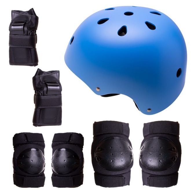 Přilba + chrániče pro jízdu na kolečkových bruslích, skateboardu, kole - modrá a černá, velikost M