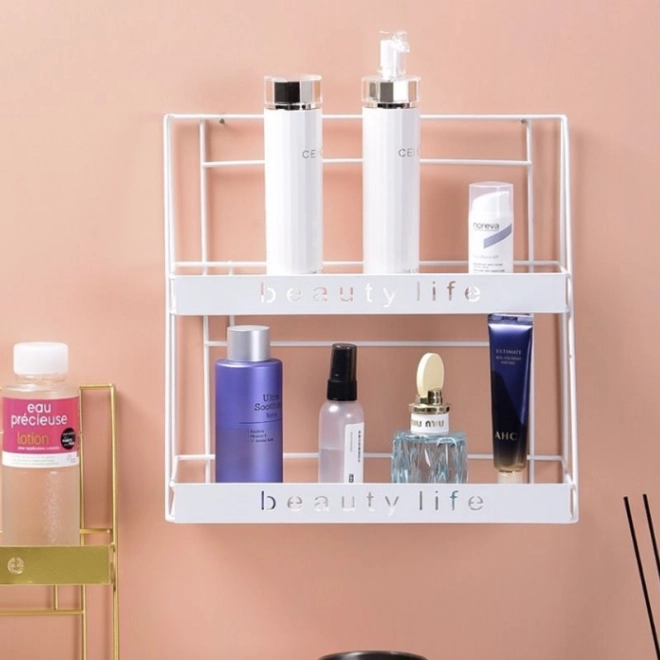 Kovový dvoupatrový regál ve stylu LOFT na kosmetiku BEAUTY LIFE - bílý