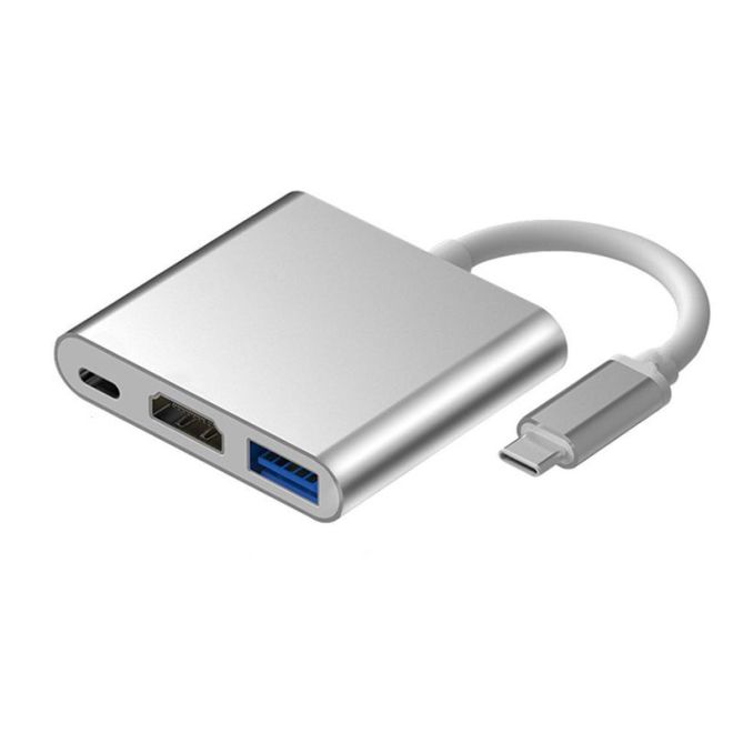 Hliníkový adaptér HUB 3v1 USB-C na HDMI 4K, USB 3.1, USB-C - stříbrný
