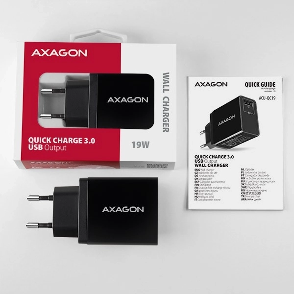 ACU-QC19 síťová nabíječka, QC 19W, 1x port USB-A, QC3.0/AFC/FCP/SMART, černá barva