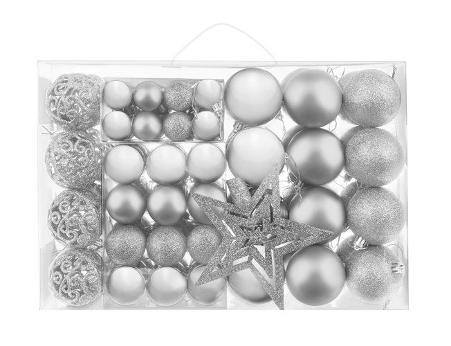 Vánoční stříbrná sada ozdob - 100 koulí a špička ve tvaru hvězdy