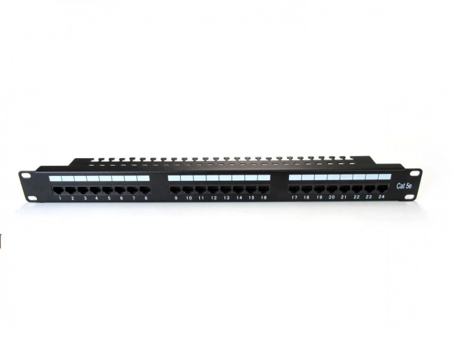 Patch panel 19" 24 portů, cat.5e, U/UTP, 1U, držák kabelů, černý (kompletní)