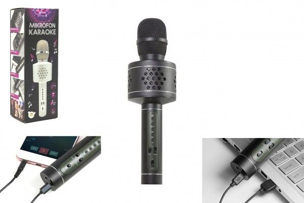 Mikrofon karaoke Bluetooth na baterie s USB kabelem v krabici 10x28x8,5cm – Stříbrný