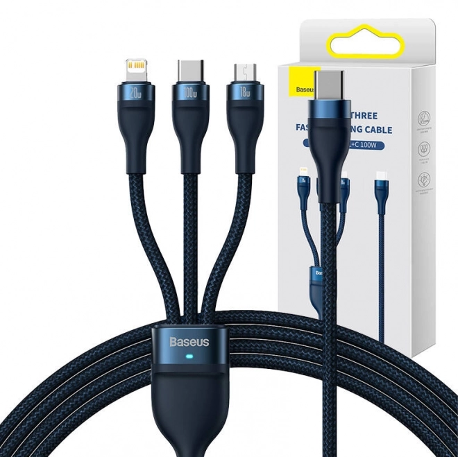 Kabel USB 3v1 Baseus Flash Series 2, USB-C + micro USB + Lightning, 100 W, 1,5 m (modrý)