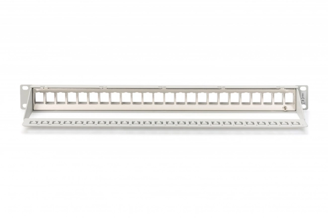 Modulární patch panel 19" 24 portů pro keystone moduly, 1U, stíněný, vedení kabelů, popisovací pole, šedý