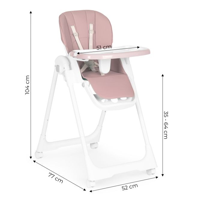 Vysoká židlička, židlička na krmení, výškově nastavitelná, popruhy z ekokůže, dvojitý podnos růžový