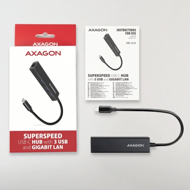 HMC-GL3A Víceportový kovový rozbočovač 3x USB-A + GLAN, USB 3.2 Gen 1, 20 cm kabel USB-C