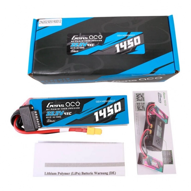 Gens Ace G-Tech 1450mAh 22,2V 45C 6S1P Lipo Battery Pack s konektorem XT60