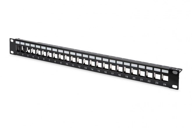 Modulární patch panel 19" 24 portů pro keystone moduly, 1U, stíněný, kabelové vedení, popisová pole, černý