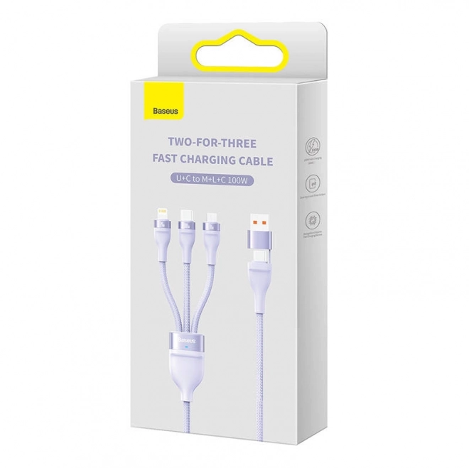 Kabel USB 3v1 Baseus Flash Series 2, USB-C + micro USB + Lightning, 100 W, 1,2 m (fialový)