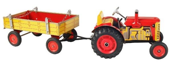Traktor Zetor s valníkem červený na klíček kov 28cm Kovap v krabičce