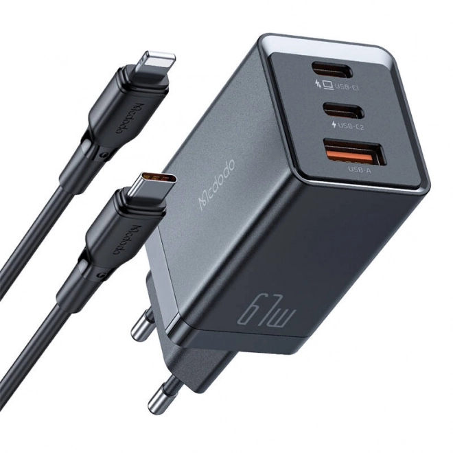 Mcdodo CH-1544 GaN síťová nabíječka, 2x USB-C, 1x USB, 67W + kabel USB-C na USB-C (černá)