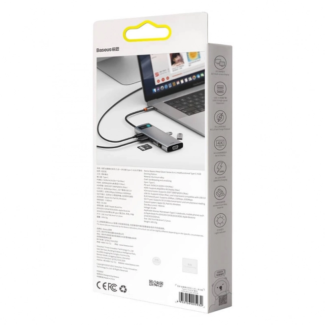 Rozbočovač 9v1 Baseus Metal Gleam Series, USB-C na 3x USB 3.0 + HDMI + USB-C PD + Ethernet RJ45 + microSD/SD + VGA