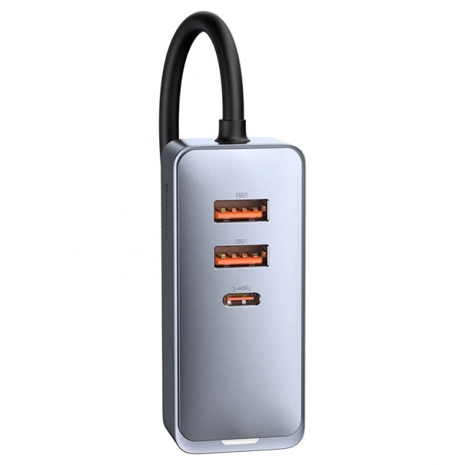 Nabíječka do auta Baseus Share Together s prodlužovacím kabelem, 3x USB, USB-C, 120W (šedá)