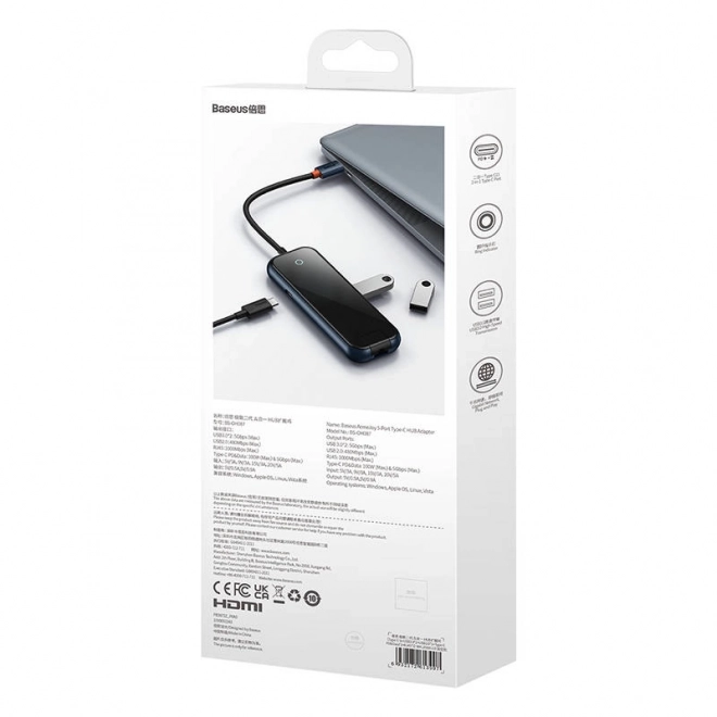 Rozbočovač 5v1 Baseus řady AcmeJoy USB-C na 2xUSB 3.0 + USB 2.0 + USB-C PD + RJ45 (tmavě šedý)