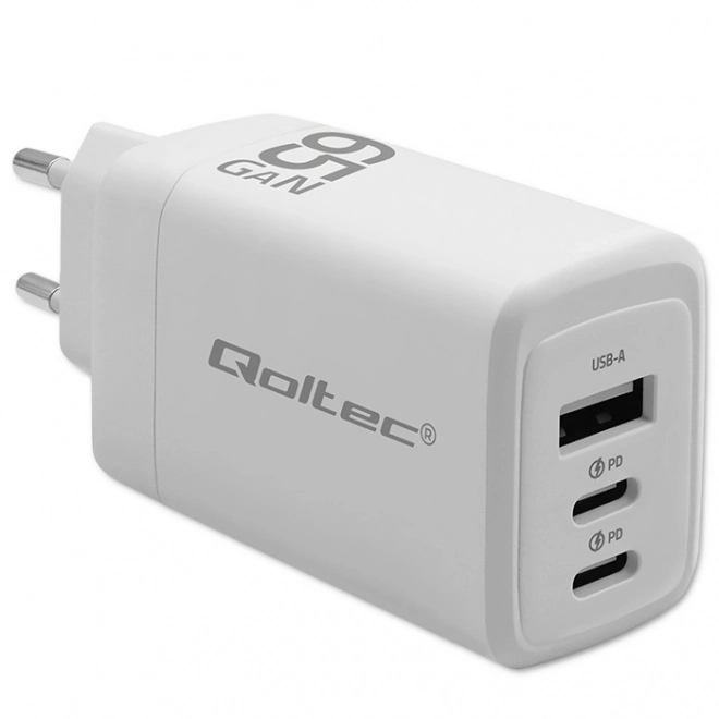 Napájecí nabíječka 65W GaN | 5-20V | 3-3,35A | 2xUSB-C PD | 1xUSBQC 3.0 | Bílá