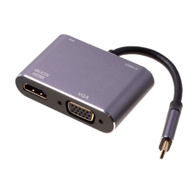 Hliníkový adaptér HUB 4v1 USB-C na 4K HDMI, VGA, USB 3.0, PD USB-C