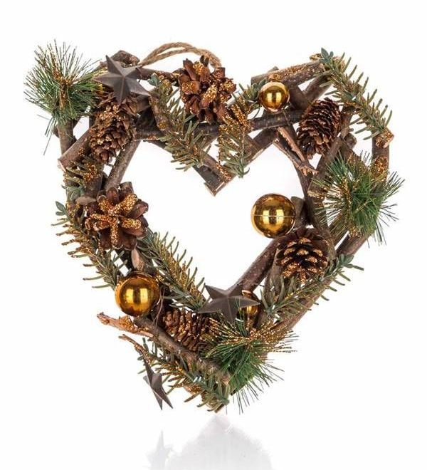 Vánoční věnec Srdce na zavěšení 24 cm, hnědá a zlatá barva