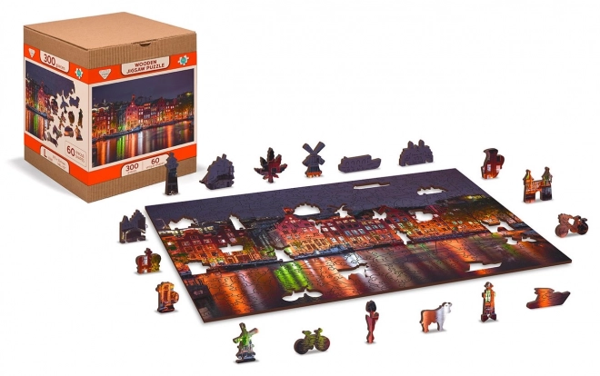 Wooden City Dřevěné puzzle Noční Amsterdam 2v1, 75 dílků EKO