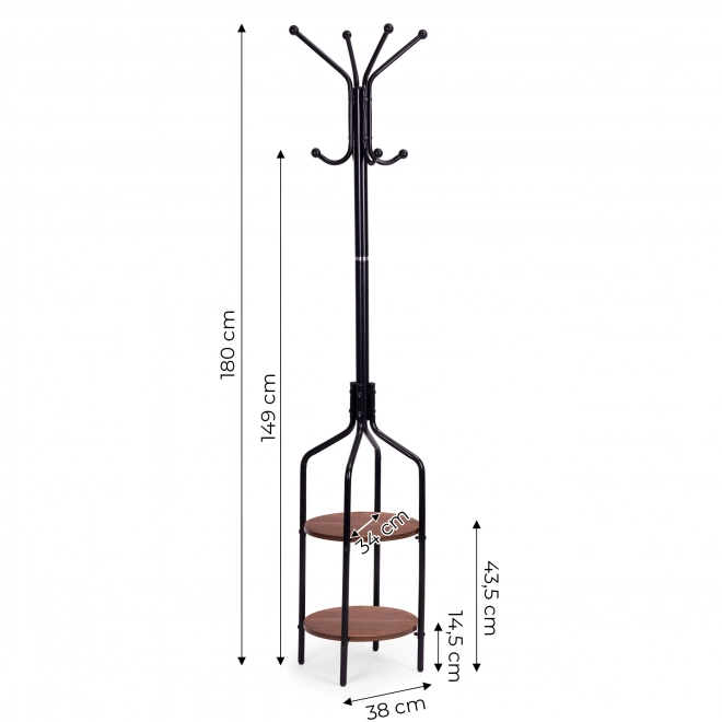 Stojanový věšák s policemi-8 háčků-180 cm-černý kov-ModernHome