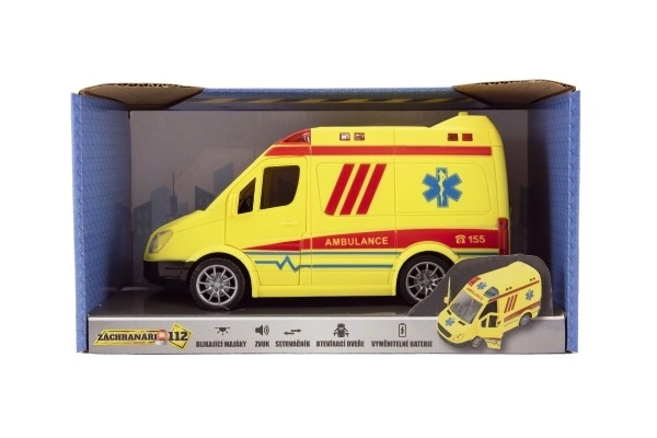 Auto ambulance plast 20cm na setrvačník na baterie se zvukem se světlem v krabici 26x15x12cm