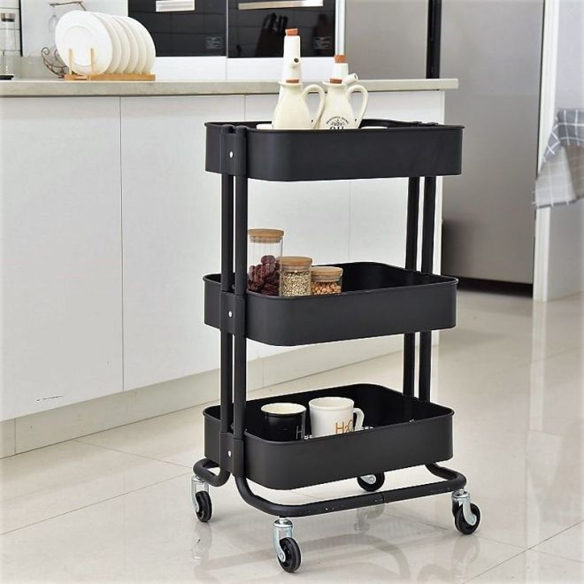 Koupelnový vozík, kuchyňský regál se třemi prostornými policemi - černý