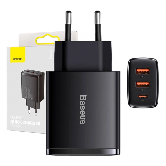 Nabíječka Baseus Compact Quick Charger, 2xUSB, USB-C, PD, 3A, 30W (czarna)