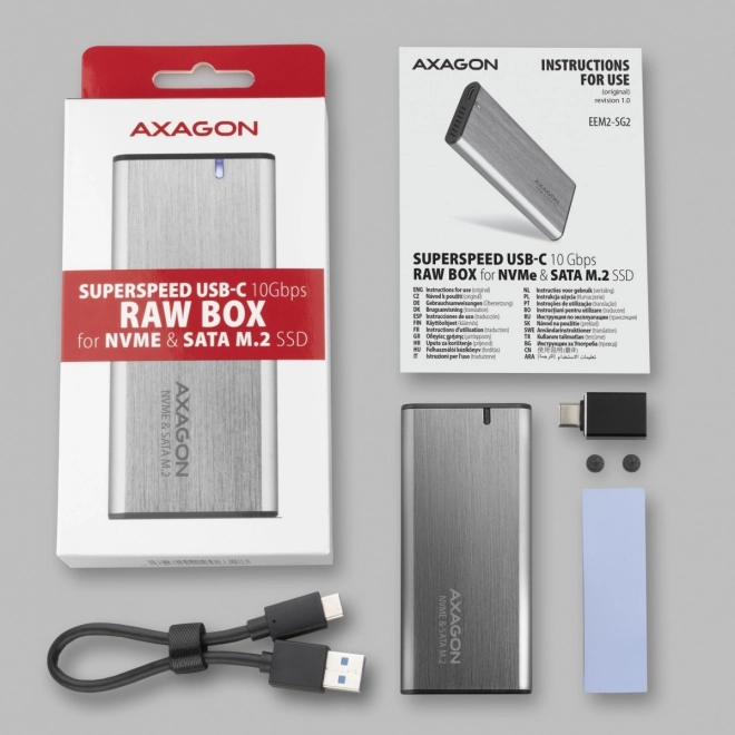 EEM2-SG2 Bezšroubový hliníkový externí kryt USB-C 3.2 Gen 2 M.2 NVMe & SATA SSD + redukce USB-A - USB-C