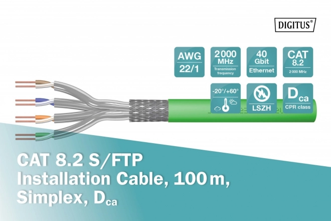 CAT8.2, S/FTP, Dca, AWG 22/1, LSOH, 100m, zelená