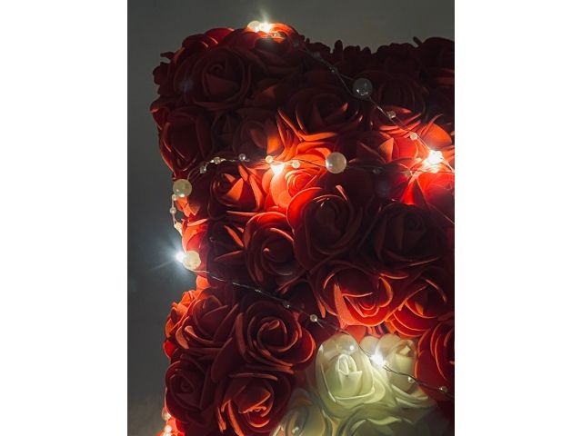 Valentýnský červený medvídek s bílým bříškem z růží s LED světýlky - 25 cm