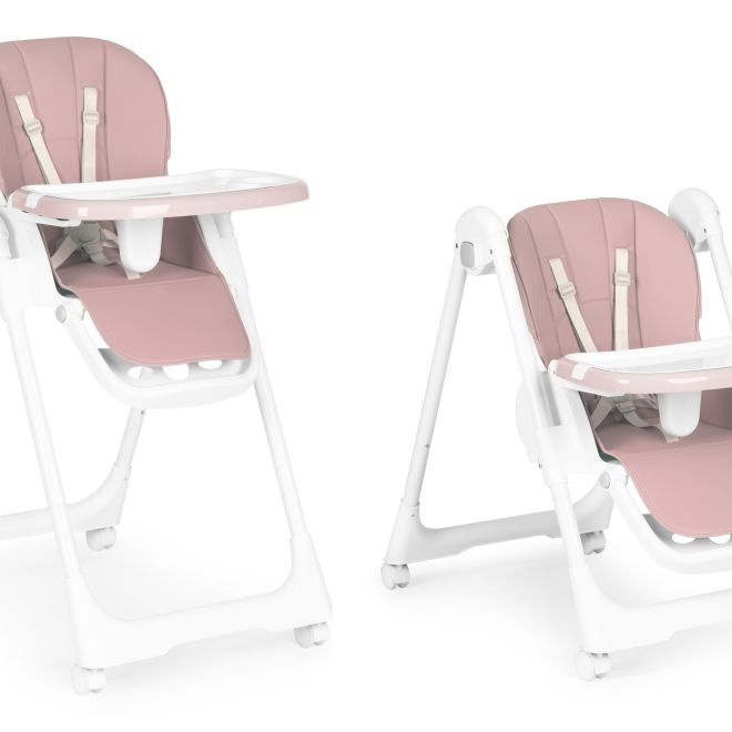 Vysoká židlička, židlička na krmení, výškově nastavitelná, popruhy z ekokůže, dvojitý podnos růžový