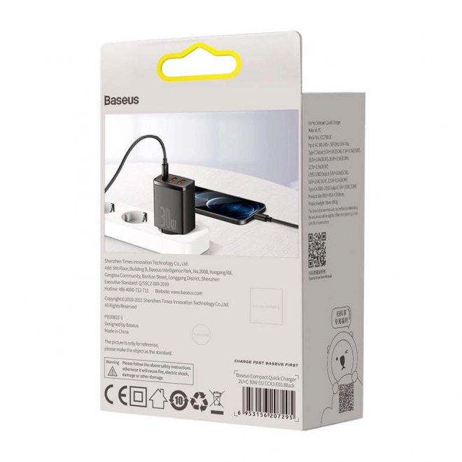 Nabíječka Baseus Compact Quick Charger, 2xUSB, USB-C, PD, 3A, 30W (czarna)