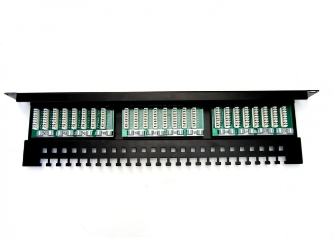 Patch panel 19" 24 portů, cat.5e, U/UTP, 1U, držák kabelů, černý (kompletní)