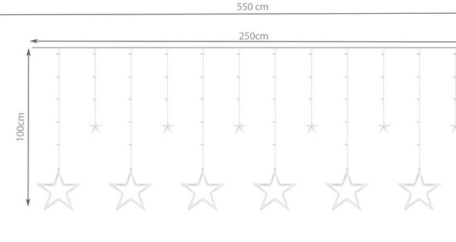 LED studený bílý závěs s malými a velkými hvězdičkami - 2,5 m, 138 LED