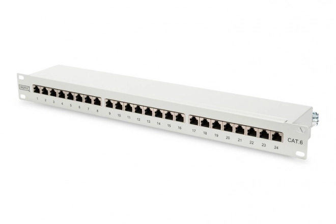 Patch panel 19" 24 portů, cat.6, S/FTP, 1U, držák kabelů, šedý (kompletní)