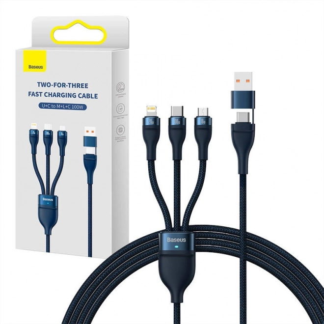 Kabel USB 3v1 Baseus Flash Series 2, USB-C + micro USB + Lightning, 100 W, 1,2 m (modrý)